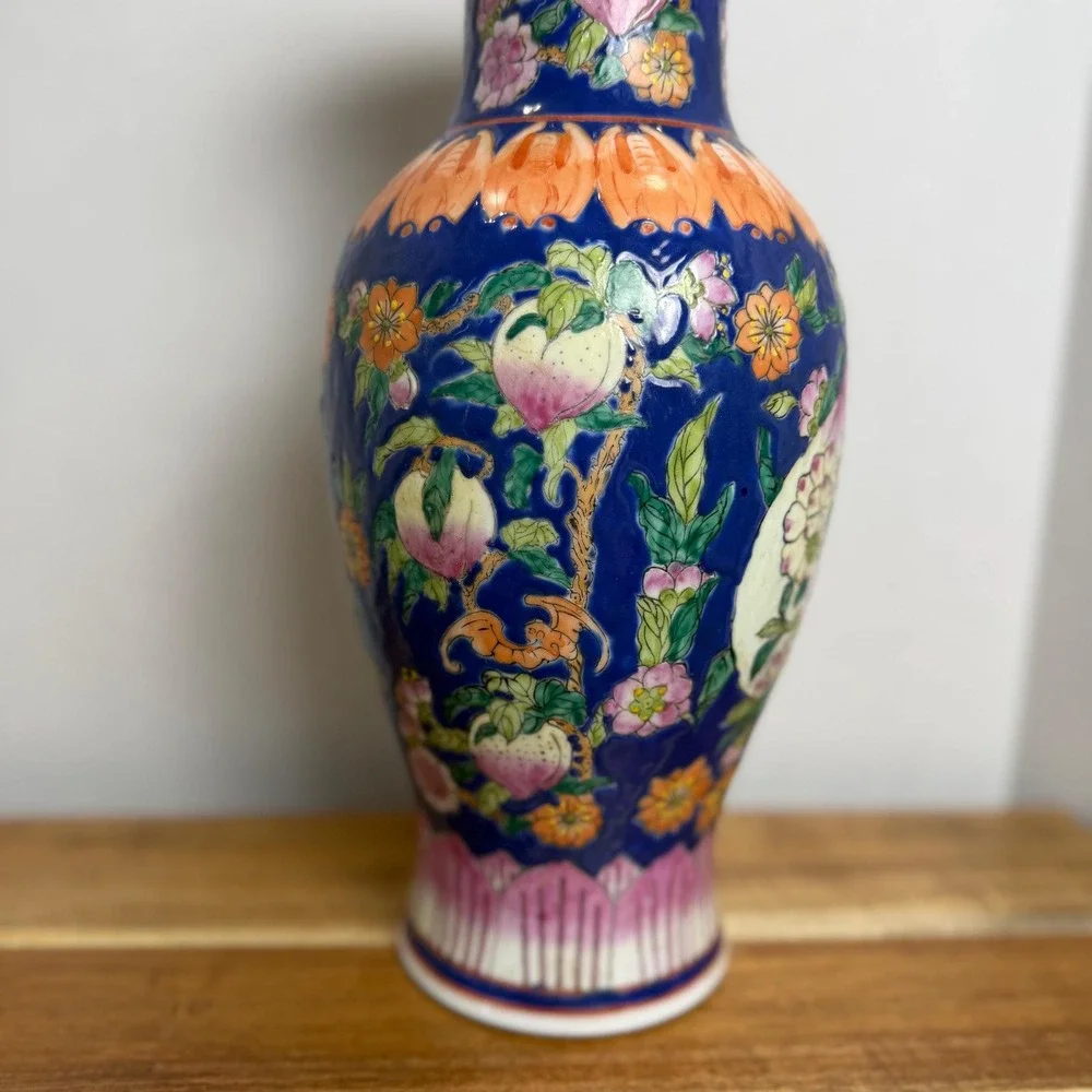 Chinese Vase Famille Rose Floral Cobalt Blue Qianlong Style Chinoiserie